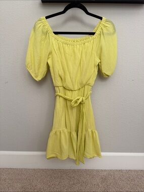 All in Favor Lemon Yellow Off-Shoulder Tie-Waist Mini Dress